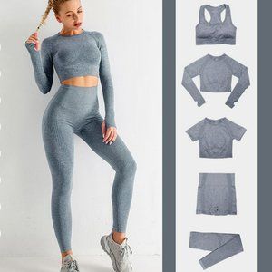 5 PCS GRAY Workout Seamless Leggings and Crop Top Yoga Gym Set Woman